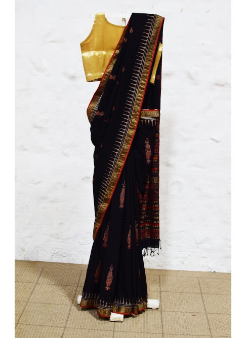 Black and Red, Handwoven Organic Cotton, Textured Weave , Natural dye, Hand block printed, Occasion Wear, Jari, Ajrakh Saree